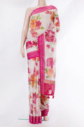 Pure Silk Off White Kota Saree with Printed design on the body and Thread Border.  displayed on a mannequin