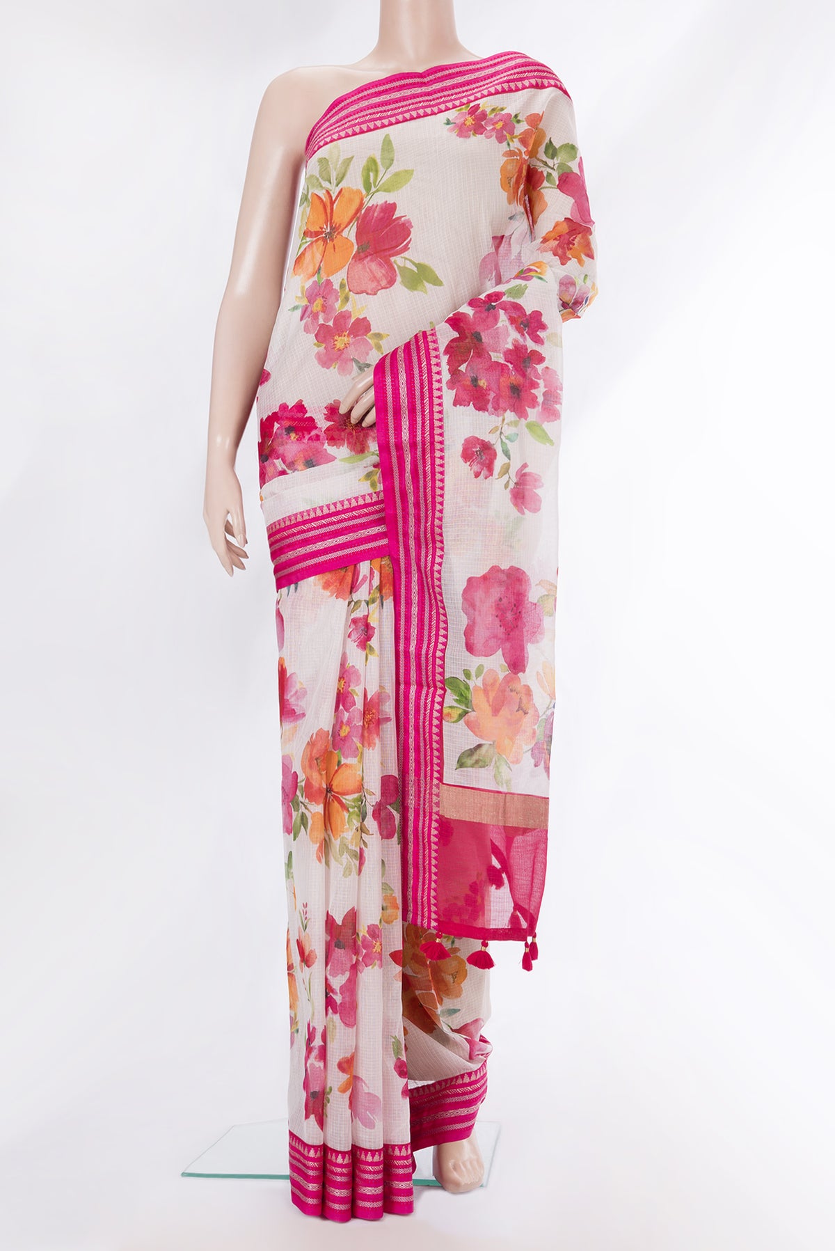 Pure Silk Off White Kota Saree with Printed design on the body and Thread Border.  displayed on a mannequin