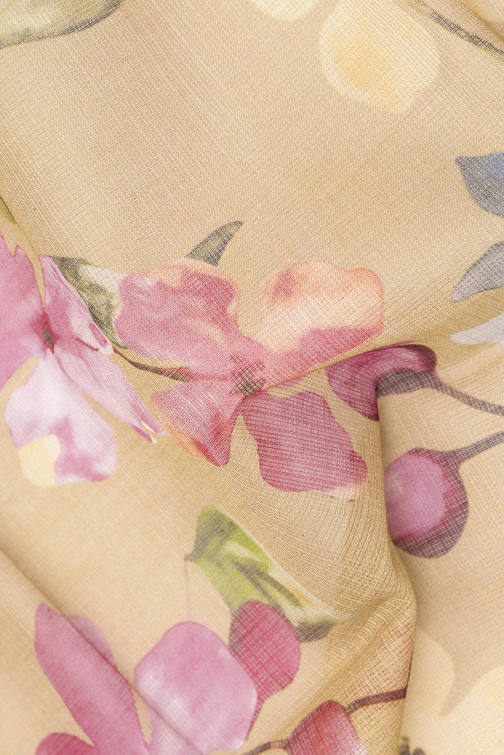 Close up of Pure Silk Sandal Kota Saree with Floral Print on the body and Zari And Thread Border.  displaying folds
