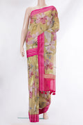 Pure Silk Sandal Kota Saree with Floral Print on the body and Zari And Thread Border.  displayed on a mannequin