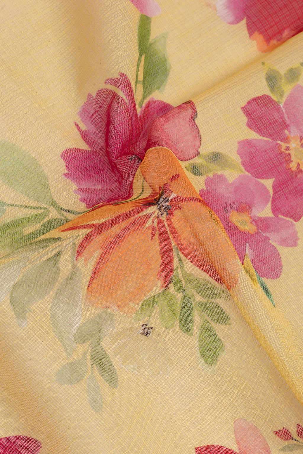Close up of Pure Silk Yellow Dual Tone Kota Saree with Printed design on the body and Thread Border.  displaying folds