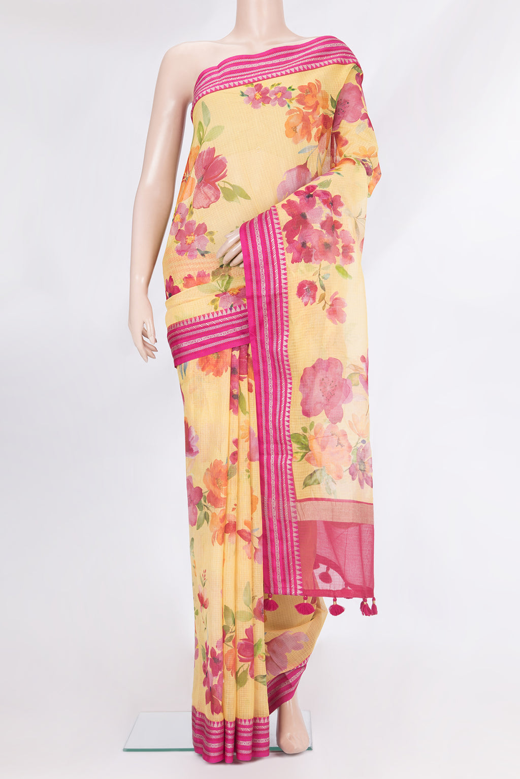 Pure Silk Yellow Dual Tone Kota Saree with Printed design on the body and Thread Border.  displayed on a mannequin