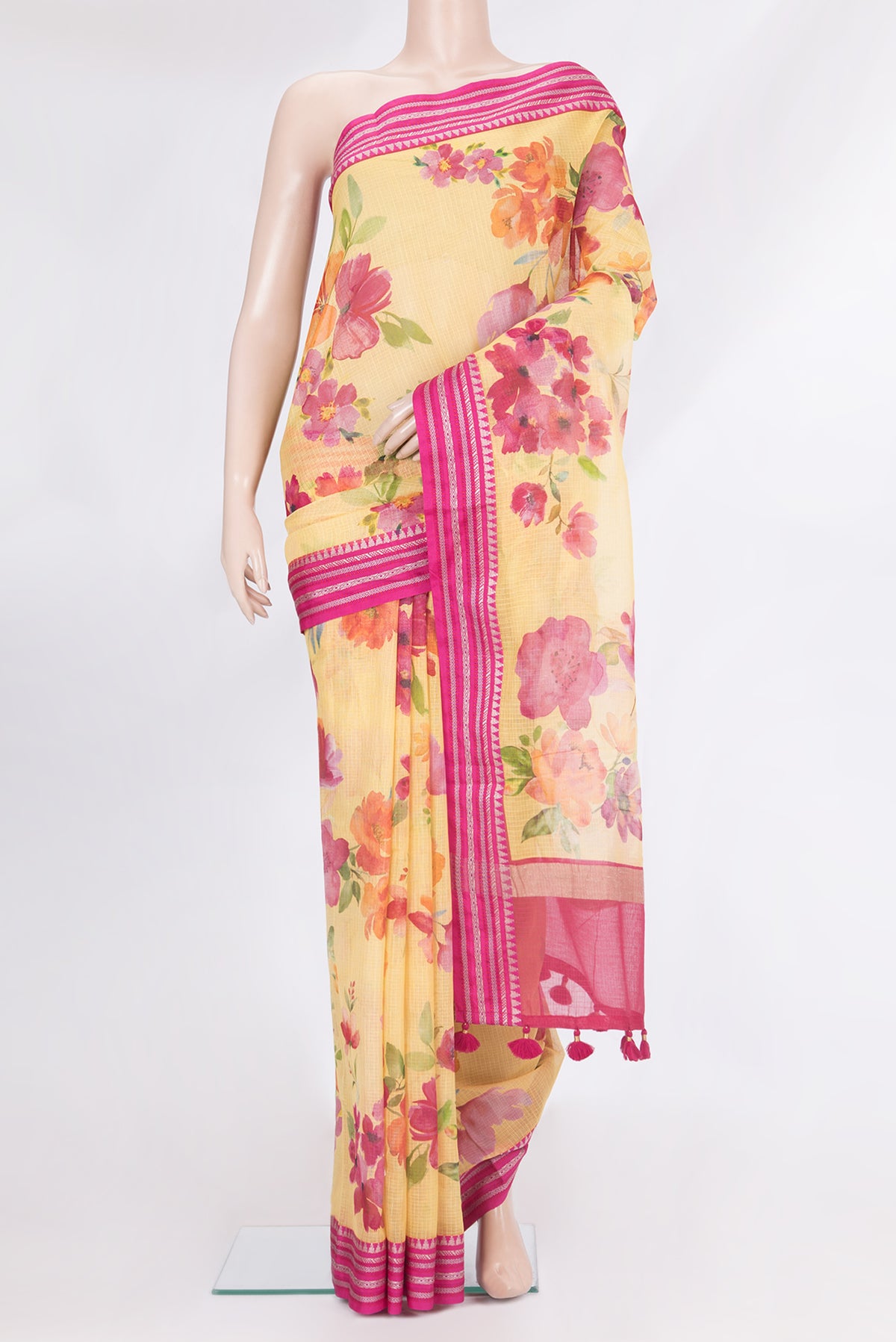 Pure Silk Yellow Dual Tone Kota Saree with Printed design on the body and Thread Border.  displayed on a mannequin