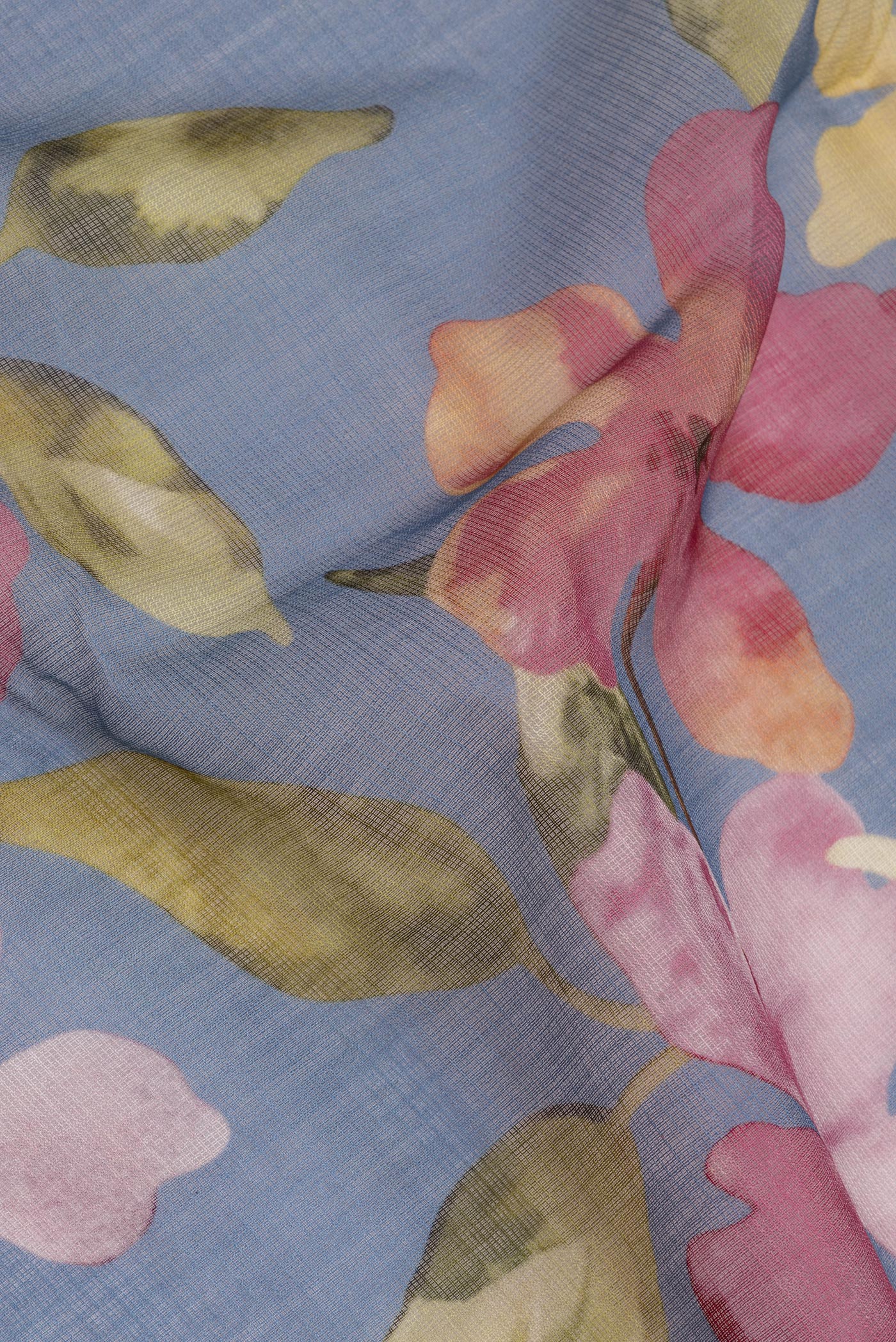 Close up of Pure Silk Blue Grey Kota Saree with Floral Print on the body and Thread Border.  displaying folds