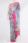 Pure Silk Blue Grey Kota Saree with Floral Print on the body and Thread Border.  displayed on a mannequin