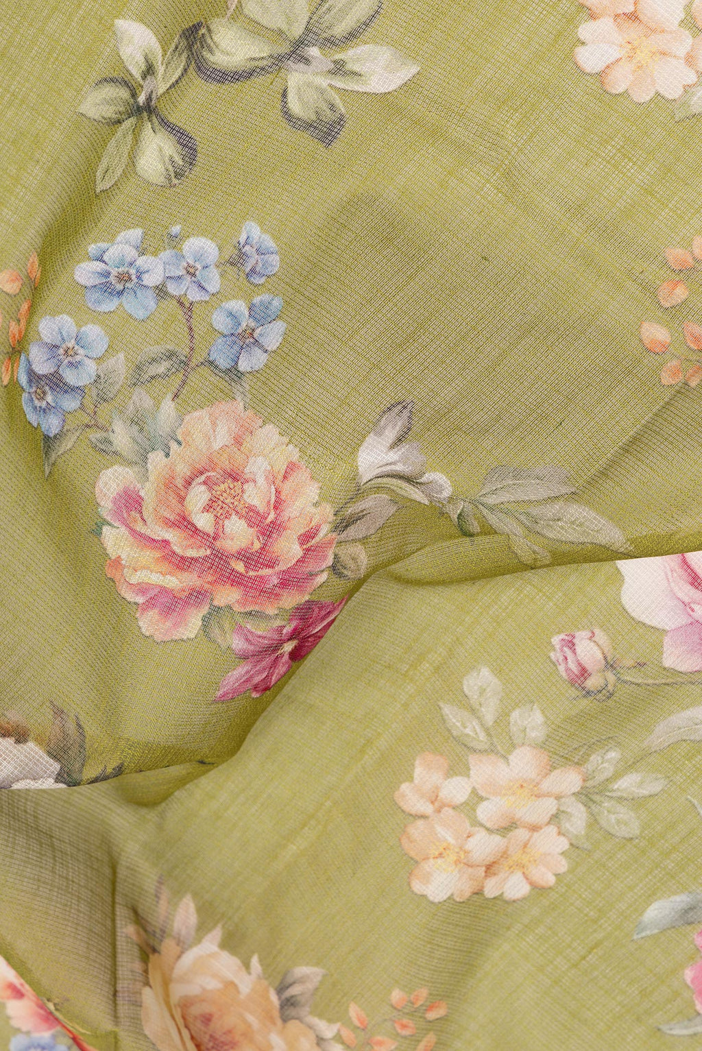 Close up of Mehandi Green Kota Silk Saree with Floral Print on the body and Thread Border.  displaying folds