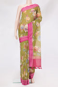Mehandi Green Kota Silk Saree with Floral Print on the body and Thread Border.  displayed on a mannequin