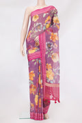 Purple Kota Silk Saree with Floral Print on the body and Thread Border.  displayed on a mannequin