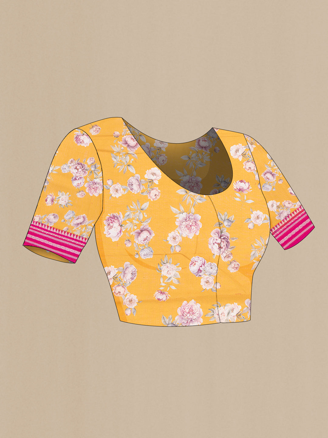 Close up image of the blouse of Yellow Dual Tone Kota Silk Saree with Floral Print on the body and Thread Border. 