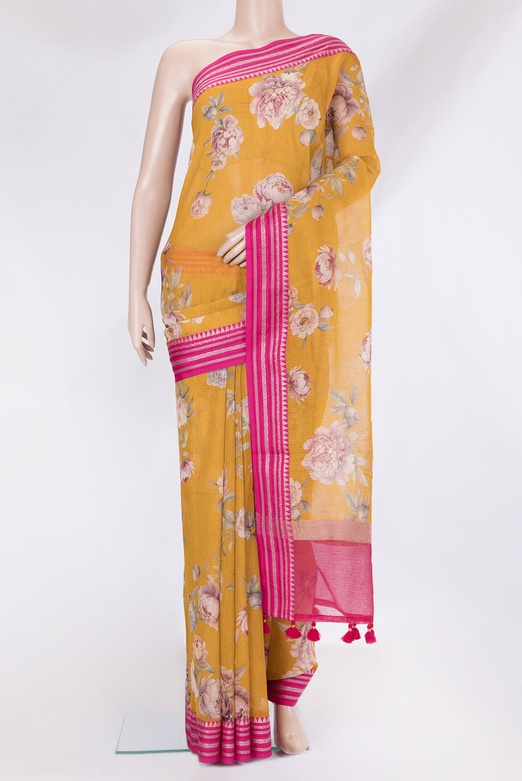 Yellow Dual Tone Kota Silk Saree with Floral Print on the body and Thread Border.  displayed on a mannequin