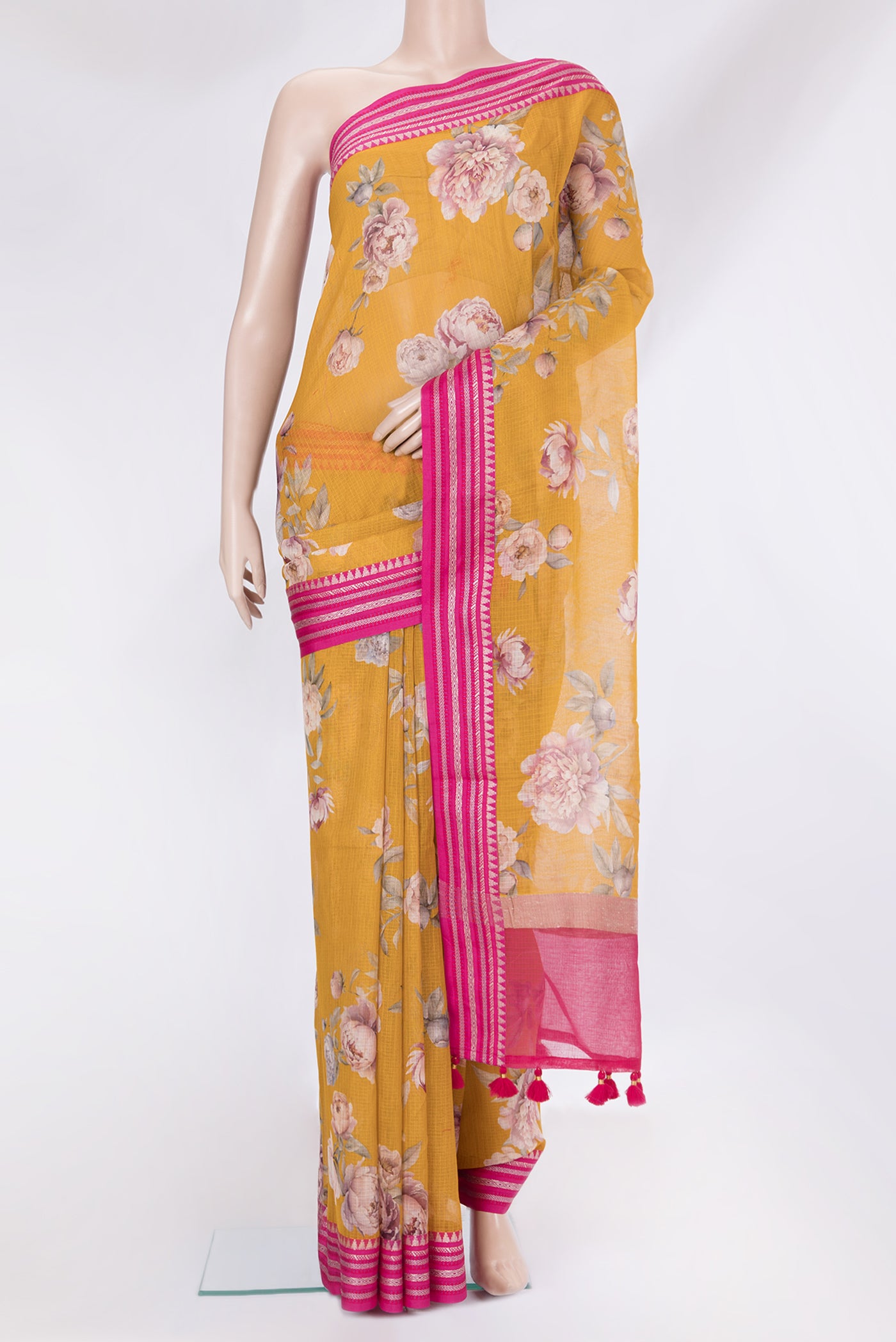 Yellow Dual Tone Kota Silk Saree with Floral Print on the body and Thread Border.  displayed on a mannequin