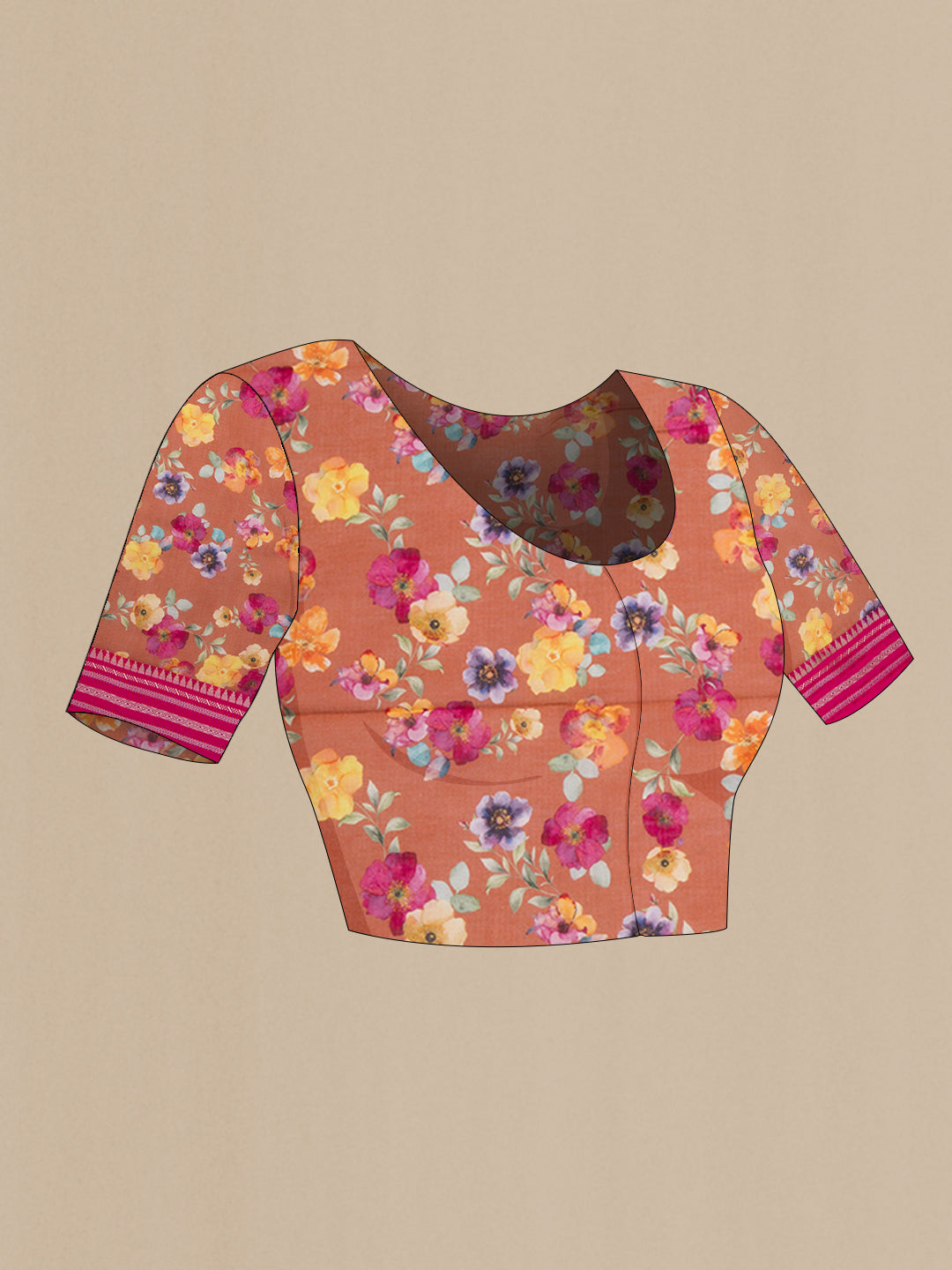 Close up image of the blouse of Brown Kota Silk Saree with Floral Print on the body and Thread Border. 