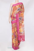 Brown Kota Silk Saree with Floral Print on the body and Thread Border.  displayed on a mannequin