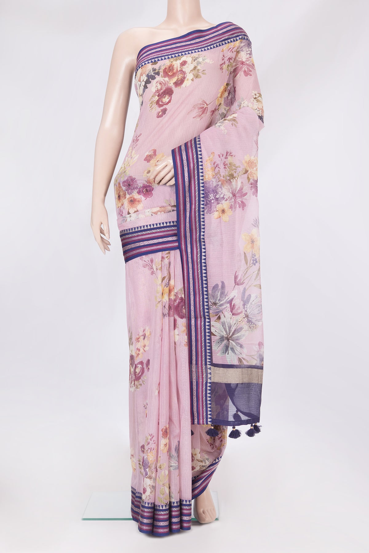 Rose Gold Kota Silk Saree with Printed design on the body and Thread Border.  displayed on a mannequin