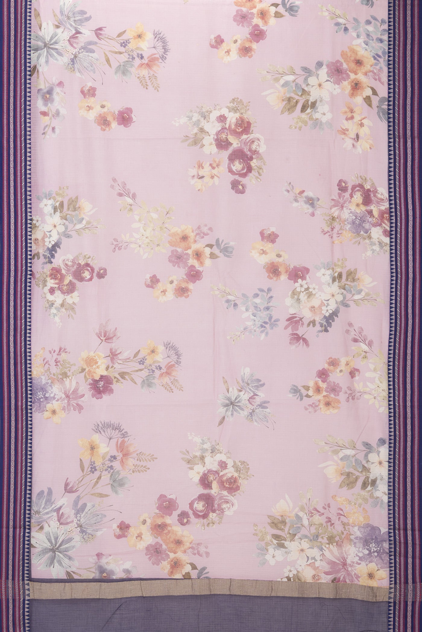 Flat view of Rose Gold Kota Silk Saree with Printed design on the body and Thread Border. 