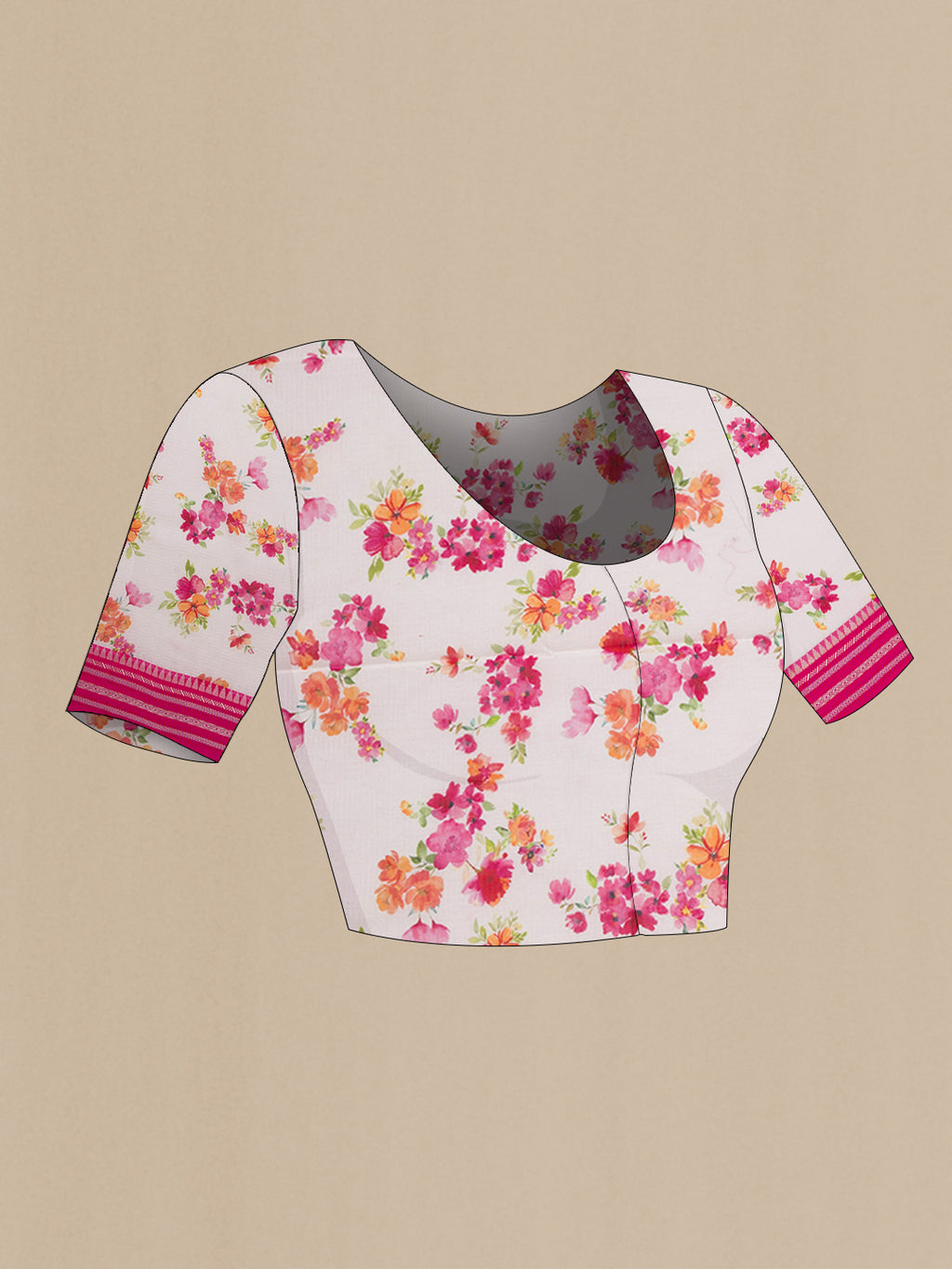 Close up image of the blouse of Beige Kota Silk Saree with Floral Print on the body and Thread Border. 