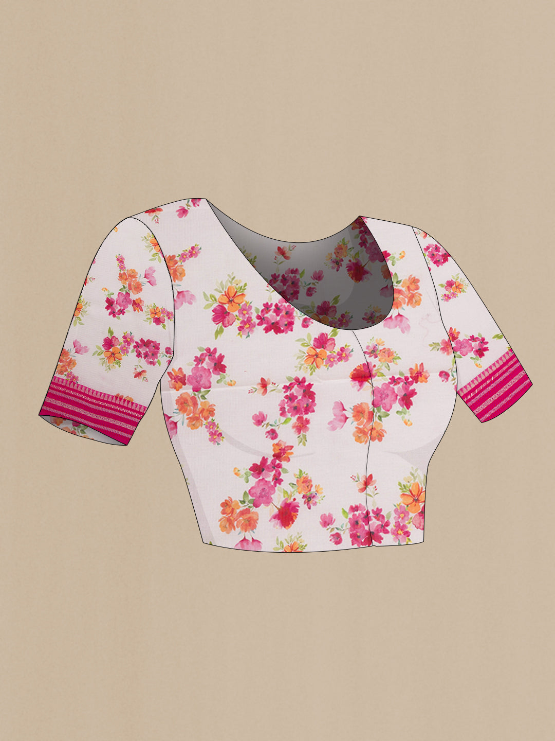 Close up image of the blouse of Beige Kota Silk Saree with Floral Print on the body and Thread Border. 