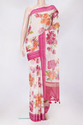 Beige Kota Silk Saree with Floral Print on the body and Thread Border.  displayed on a mannequin