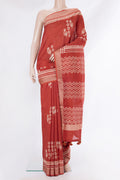 Pure Silk Rust Dual Tone Chanderi Saree with Printed design on the body and Thread Border.  displayed on a mannequin
