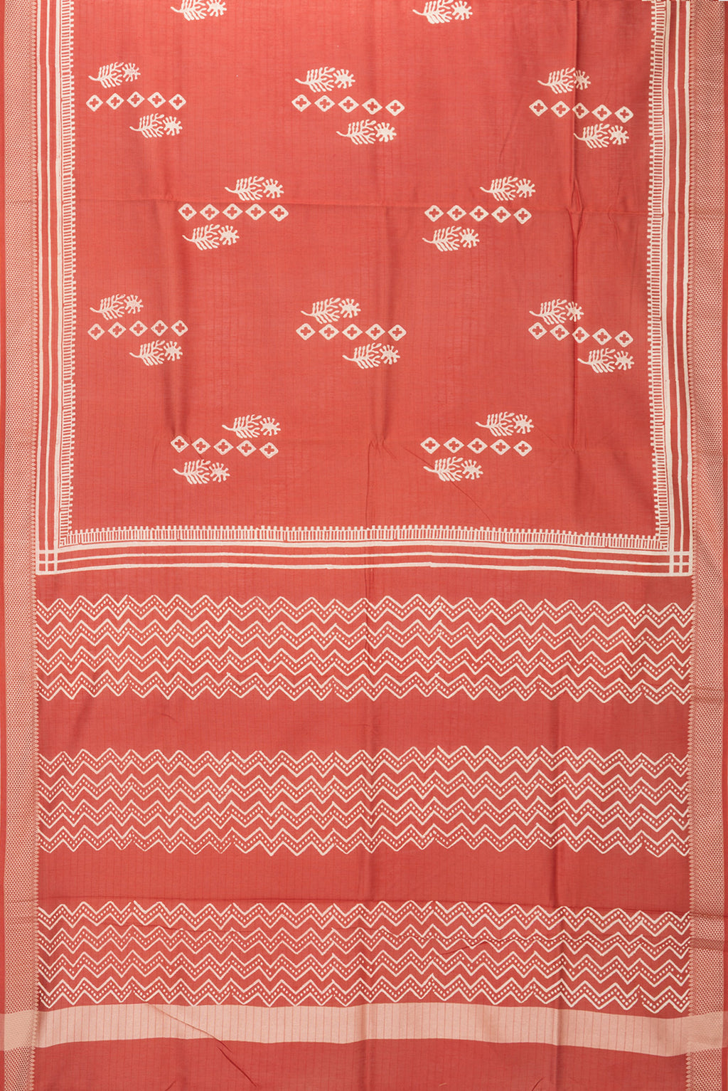 Flat view of Pure Silk Rust Dual Tone Chanderi Saree with Printed design on the body and Thread Border. 