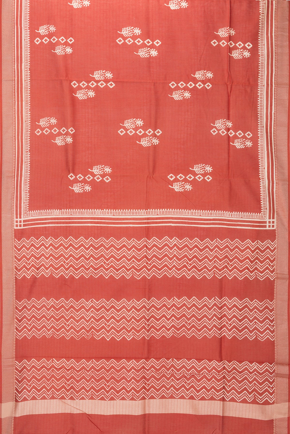 Flat view of Pure Silk Rust Dual Tone Chanderi Saree with Printed design on the body and Thread Border. 