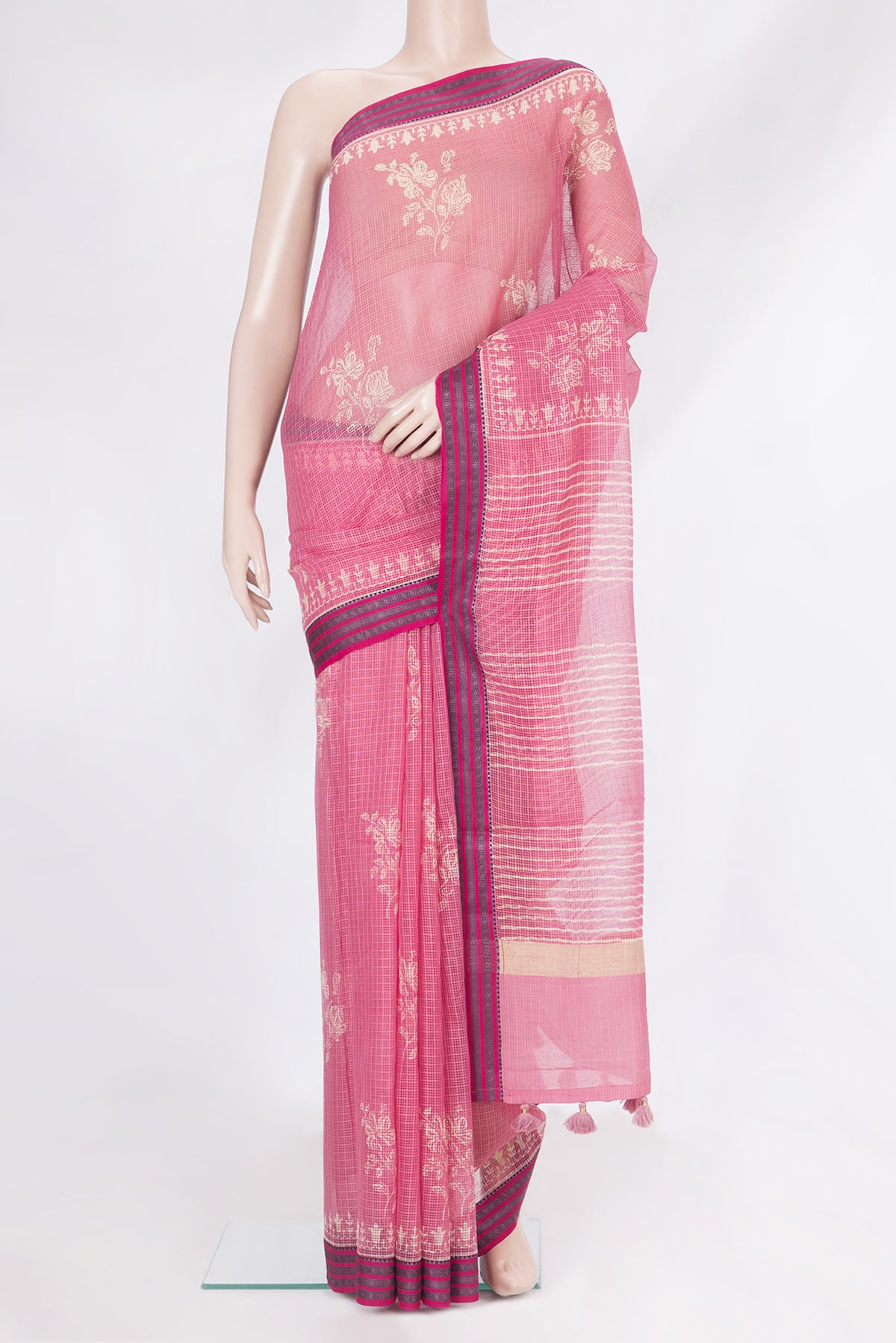 Pink Kota Silk Saree with Checked design on the body and Thread Border.  displayed on a mannequin