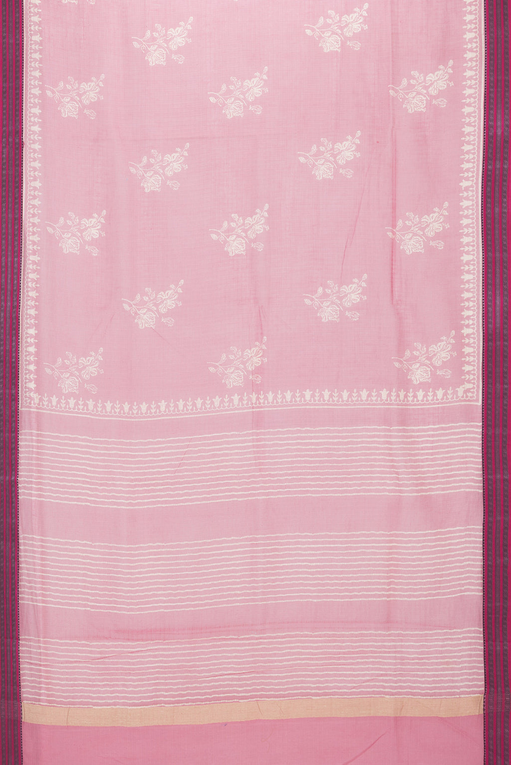 Flat view of Pink Kota Silk Saree with Checked design on the body and Thread Border. 