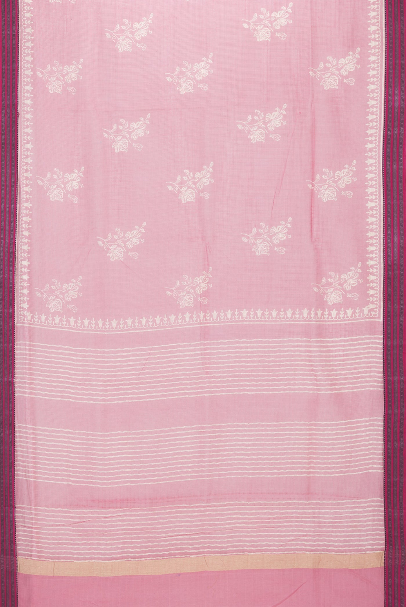 Flat view of Pink Kota Silk Saree with Checked design on the body and Thread Border. 