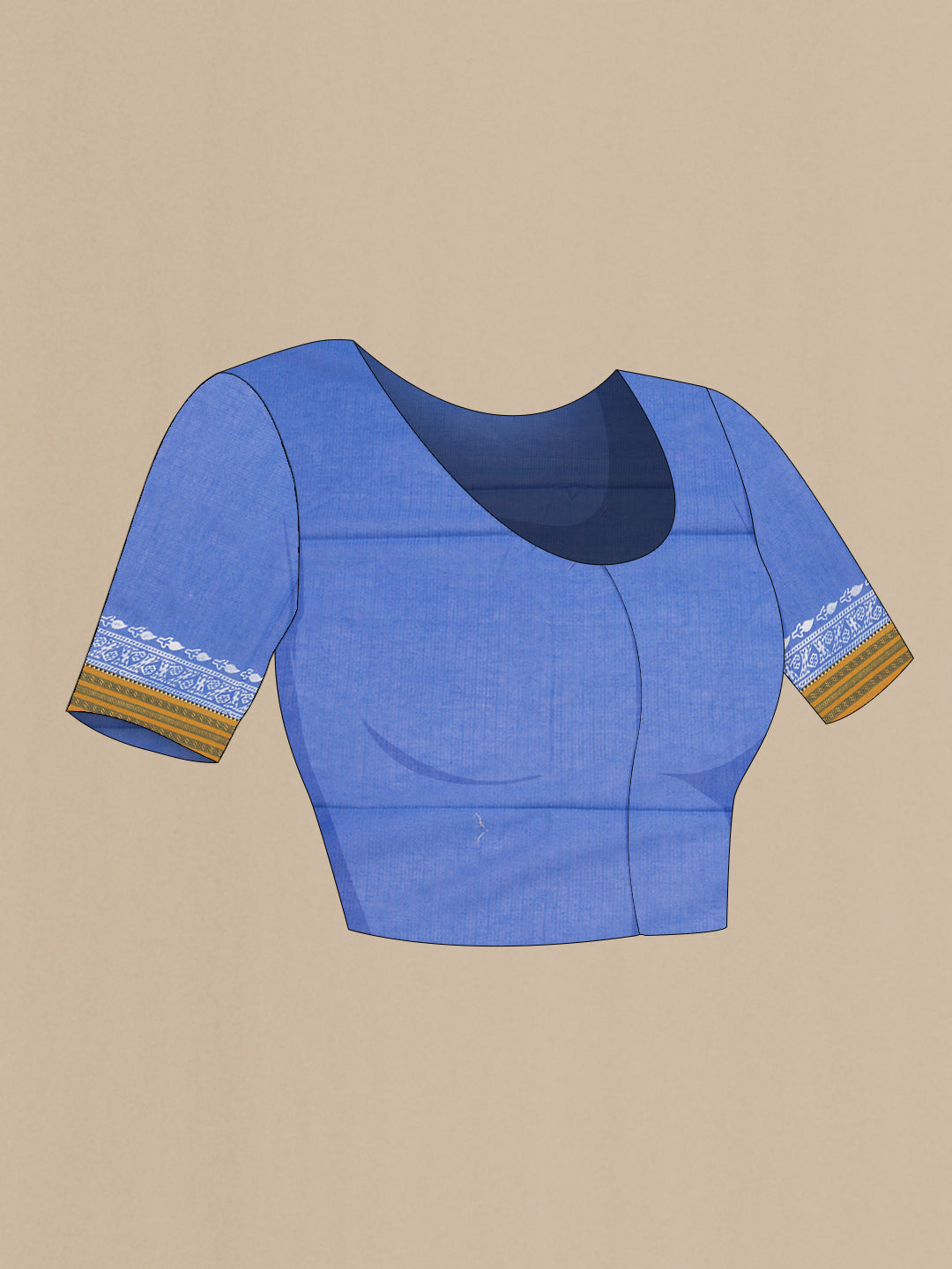 Close up image of the blouse of Blue Kota Silk Saree with Floral Print on the body and Thread Border. 
