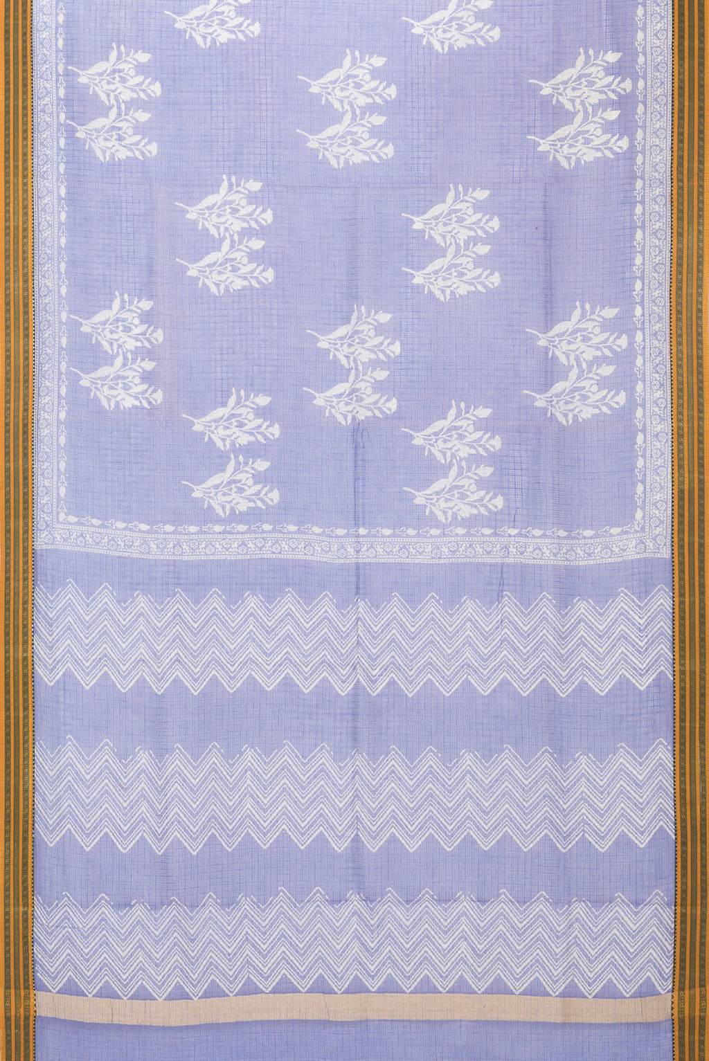 Flat view of Blue Kota Silk Saree with Floral Print on the body and Thread Border. 