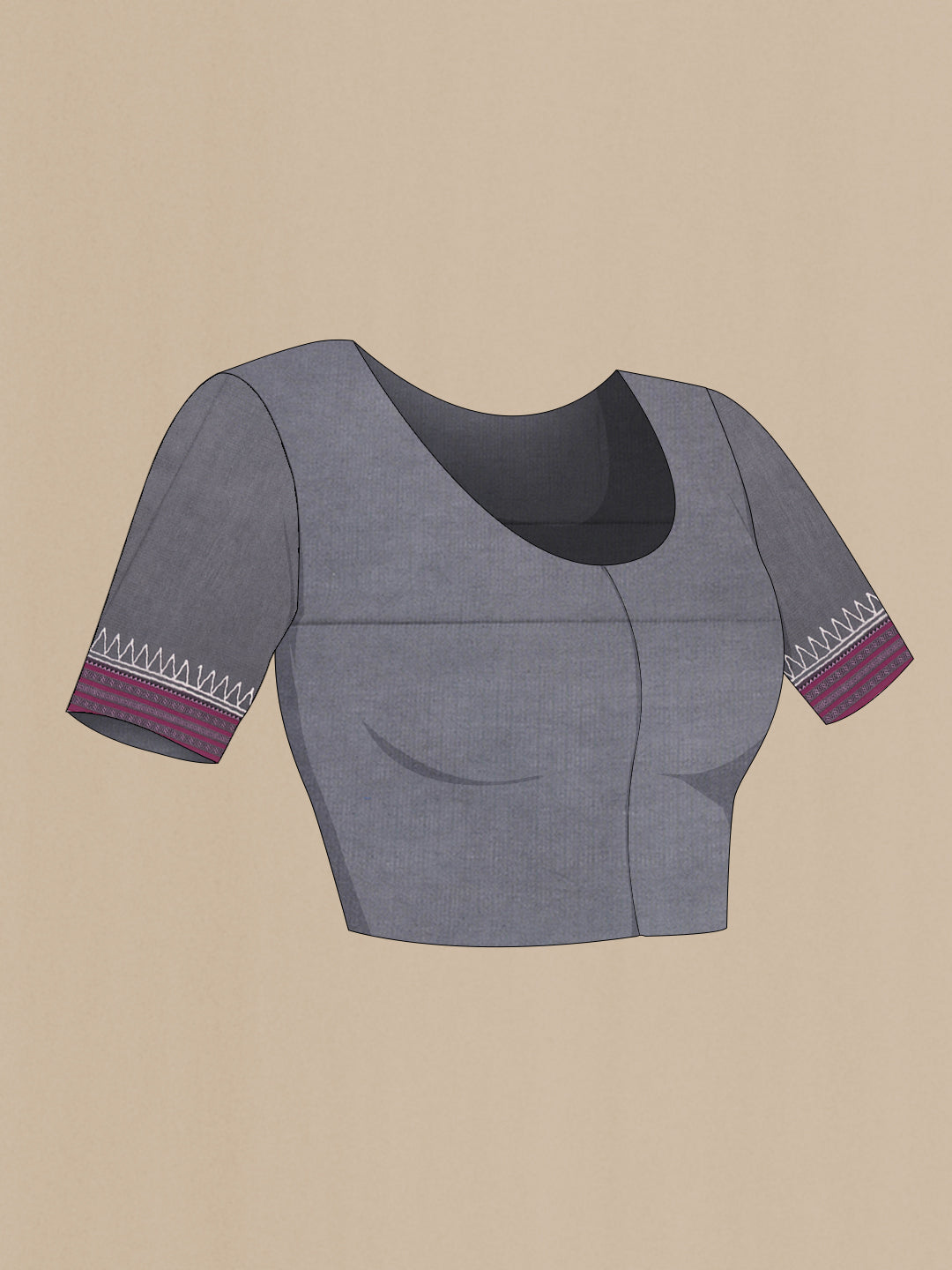 Close up image of the blouse of Grey Kota Silk Saree with Checked design on the body and Thread Border. 