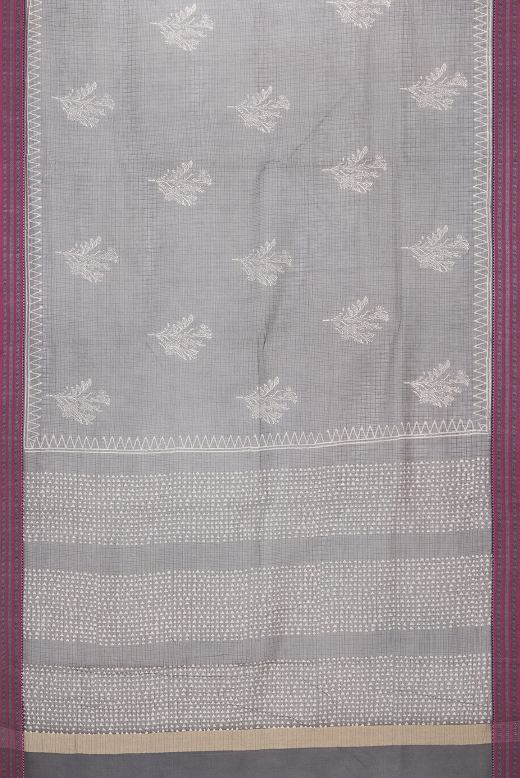 Flat view of Grey Kota Silk Saree with Checked design on the body and Thread Border. 