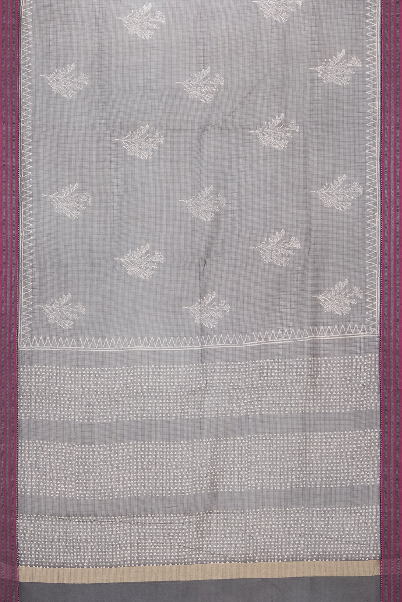 Flat view of Grey Kota Silk Saree with Checked design on the body and Thread Border. 