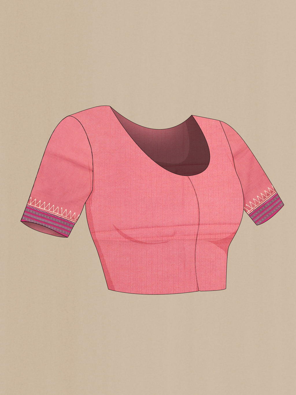Close up image of the blouse of Pure Silk Peach Kota Saree with Printed design on the body and Thread Border. 