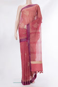 Pure Silk Peach Kota Saree with Printed design on the body and Thread Border.  displayed on a mannequin