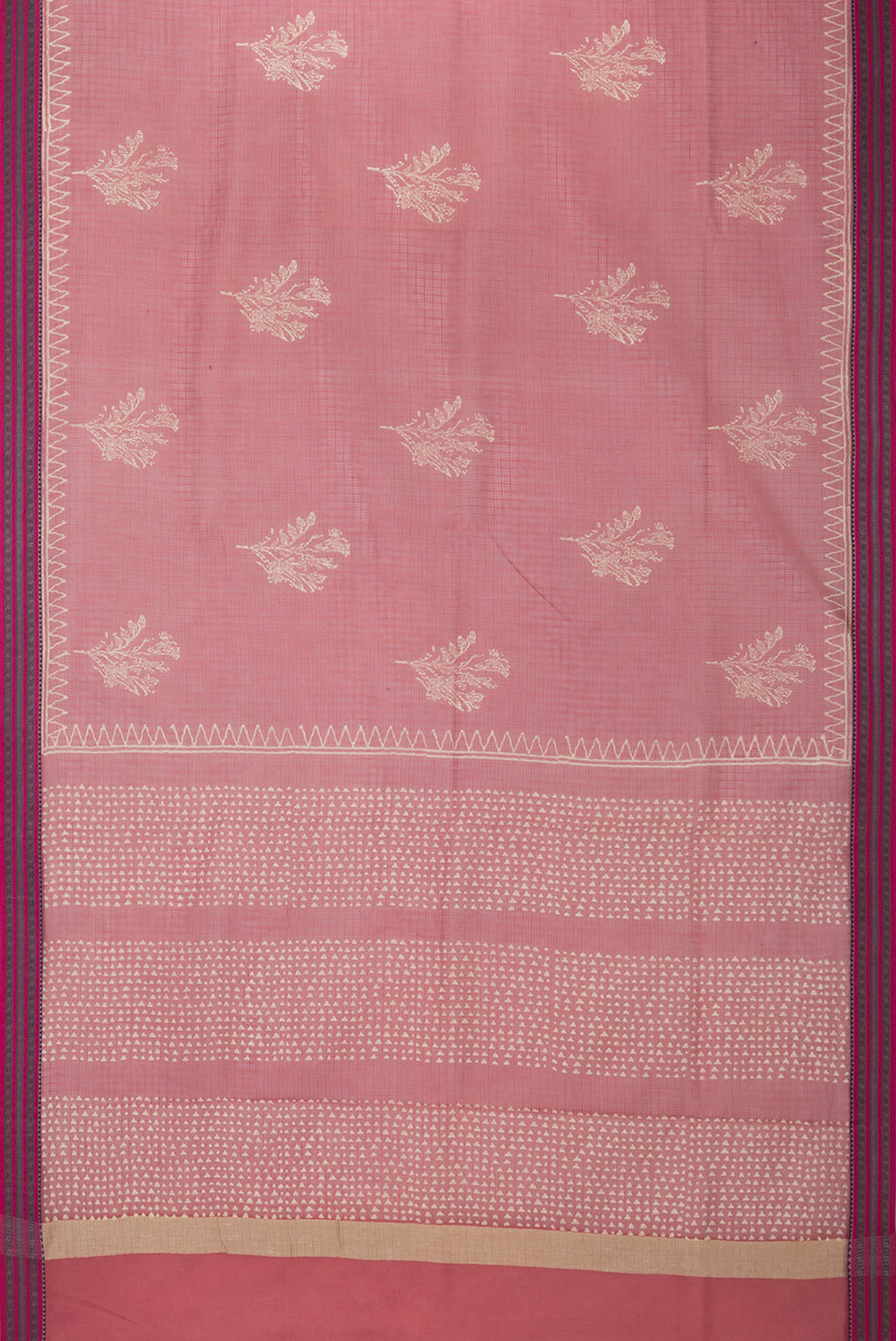 Flat view of Pure Silk Peach Kota Saree with Printed design on the body and Thread Border. 