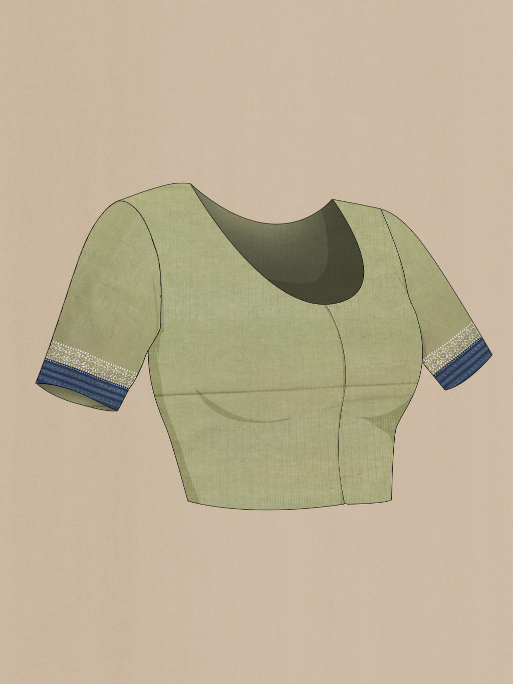Close up image of the blouse of Sage Green Kota Silk Saree with Checked design on the body and Thread Border. 