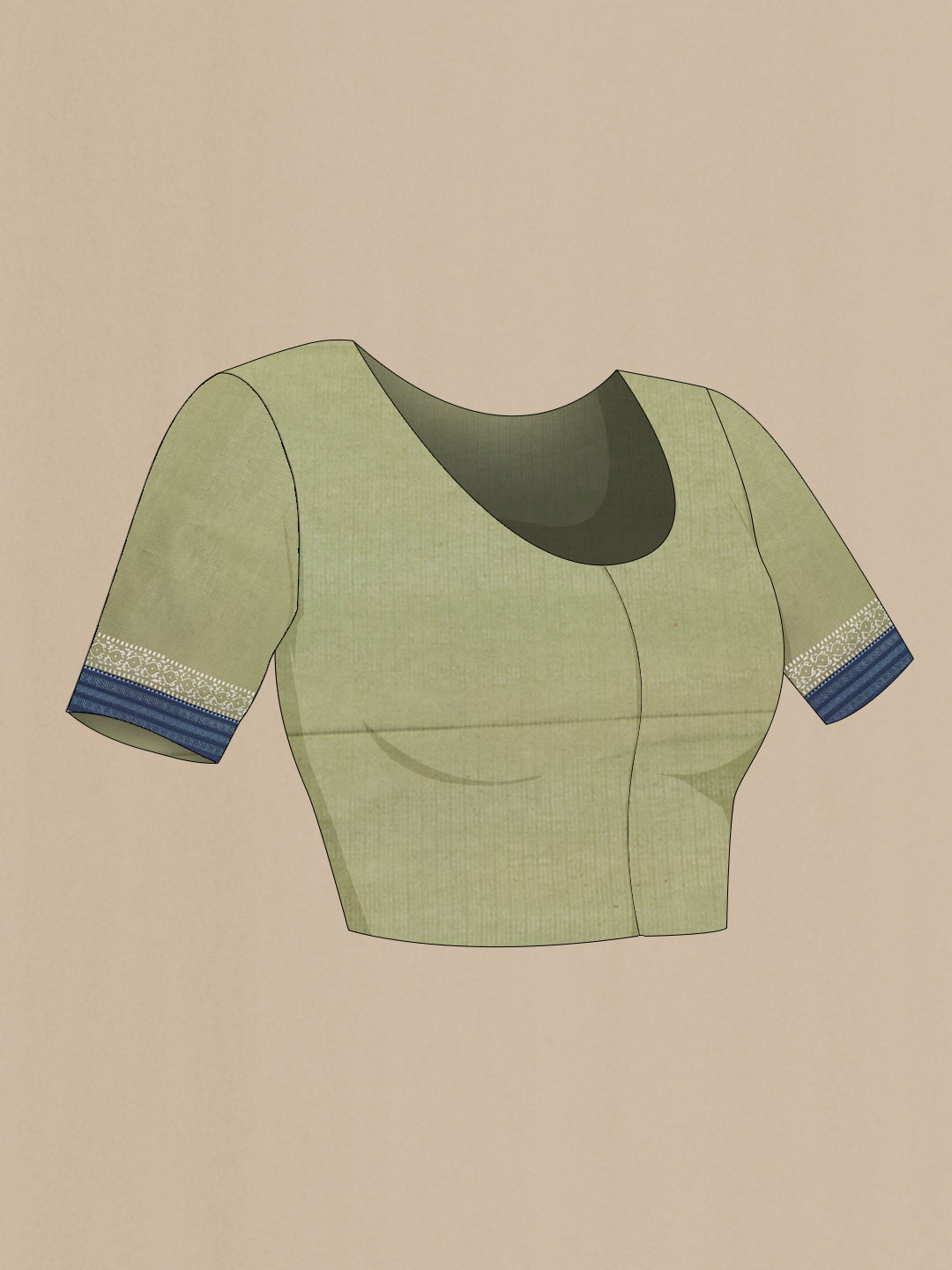 Close up image of the blouse of Sage Green Kota Silk Saree with Checked design on the body and Thread Border. 