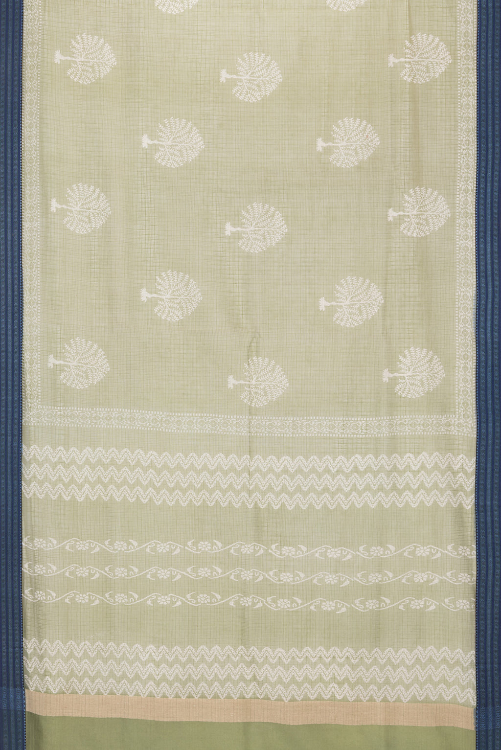 Flat view of Sage Green Kota Silk Saree with Checked design on the body and Thread Border. 