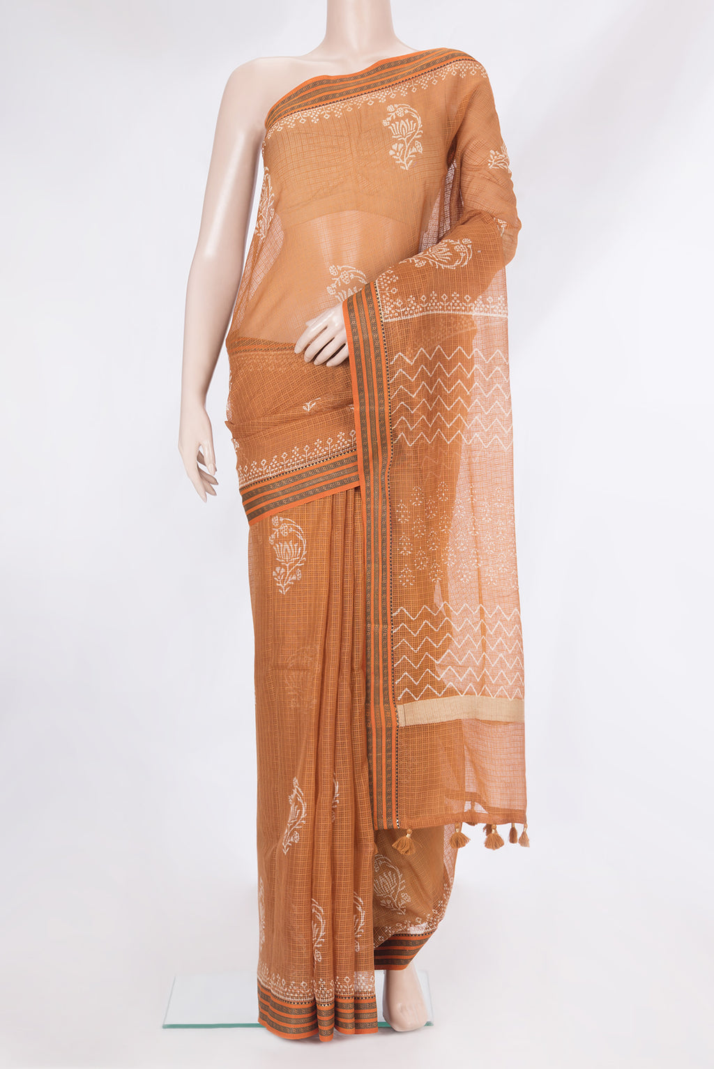 Brown Dual Tone Kota Silk Saree with Checked design on the body and Thread Border.  displayed on a mannequin