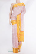 Pure Silk Pink Dual Tone Chanderi Saree with Printed design on the body and Zari And Thread Border.  displayed on a mannequin