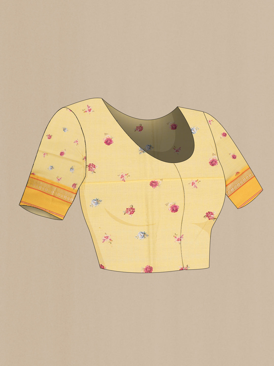 Close up image of the blouse of Pure Silk Lemon Yellow Dual Tone Chanderi Saree with Printed design on the body and Zari And Thread Border. 