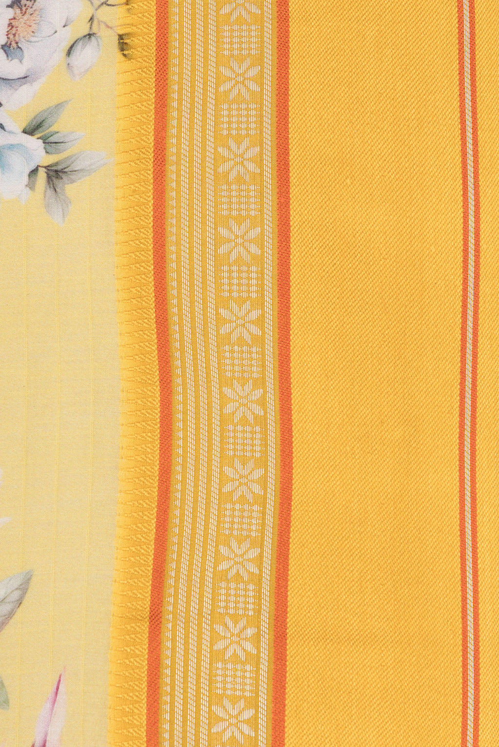 Border image of Pure Silk Lemon Yellow Dual Tone Chanderi Saree with Printed design on the body and Zari And Thread Border. 