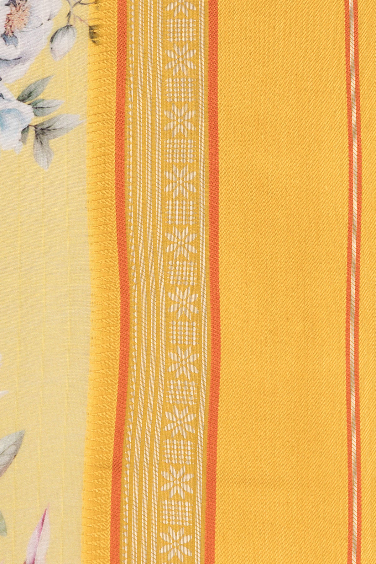 Border image of Pure Silk Lemon Yellow Dual Tone Chanderi Saree with Printed design on the body and Zari And Thread Border. 