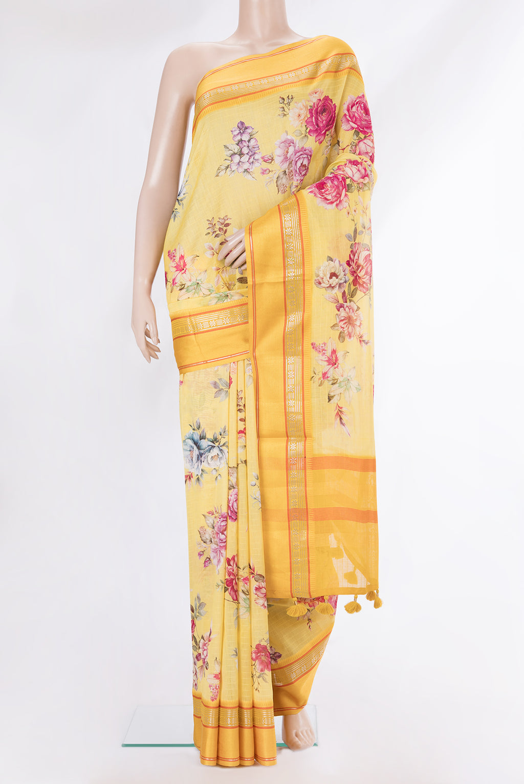 Pure Silk Lemon Yellow Dual Tone Chanderi Saree with Printed design on the body and Zari And Thread Border.  displayed on a mannequin