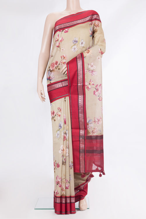 Beige Chanderi Cotton Saree with Floral Print on the body and Zari And Thread Border.  displayed on a mannequin