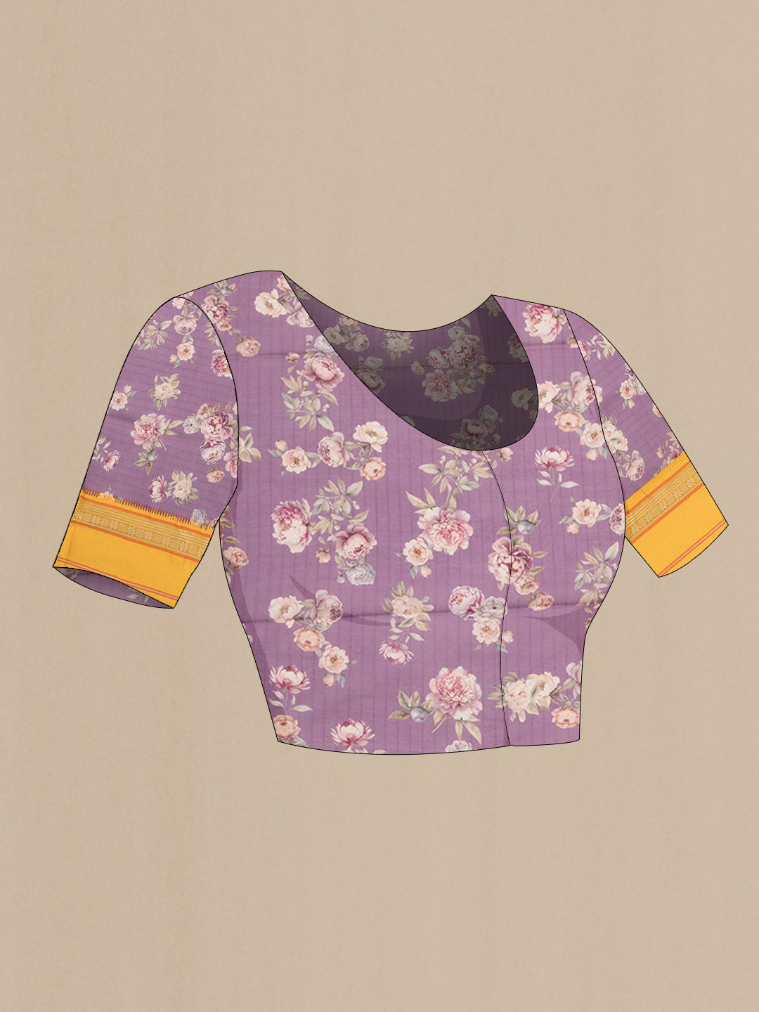 Close up image of the blouse of Pure Silk Purple Dual Tone Chanderi Saree with Printed design on the body and Zari And Thread Border. 