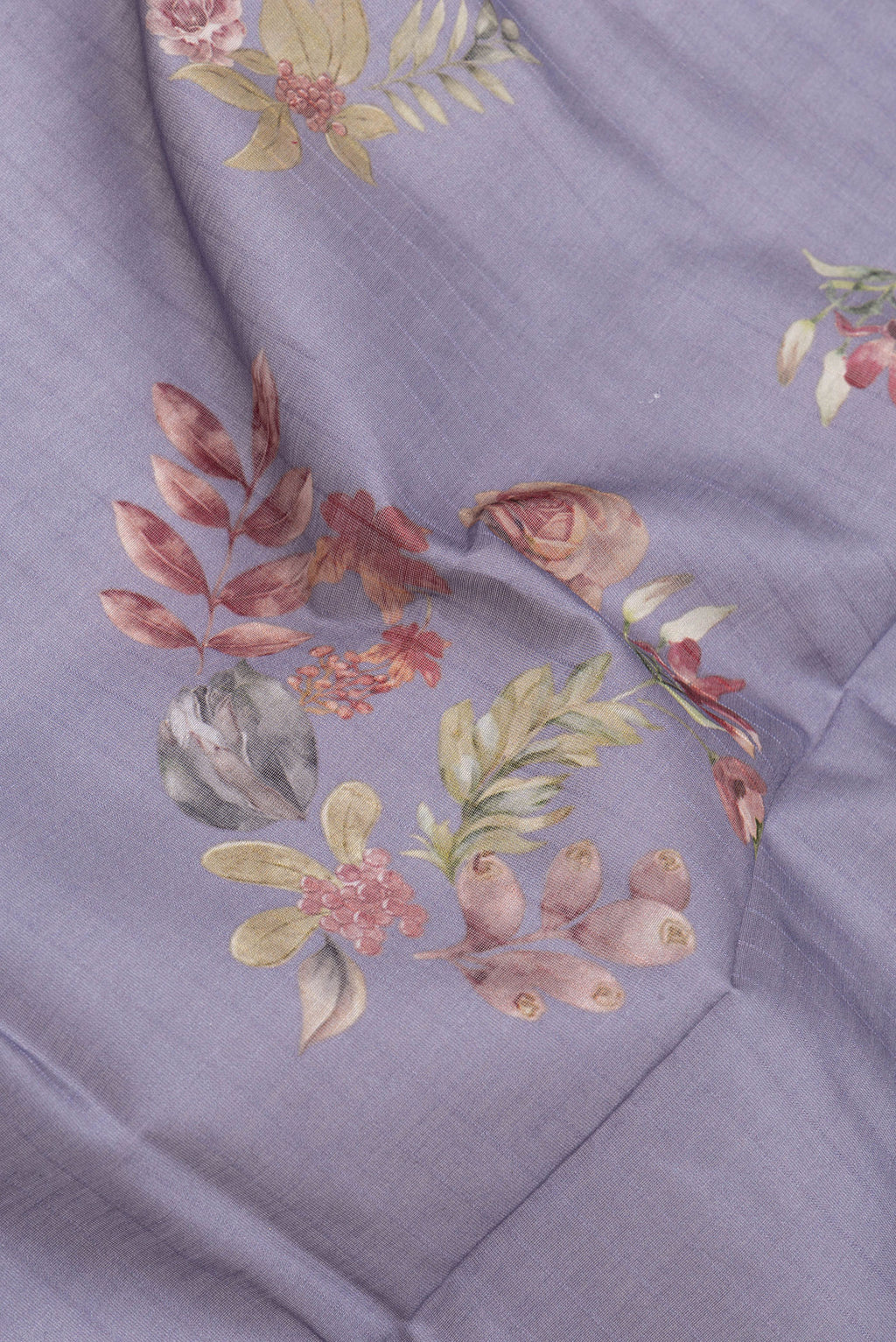 Close up of Grey Dual Tone Chanderi Silk Cotton Saree with Printed design on the body and Zari Border.  displaying folds