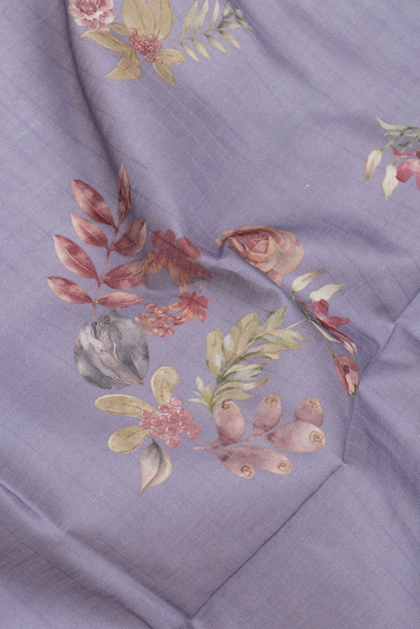 Close up of Grey Dual Tone Chanderi Silk Cotton Saree with Printed design on the body and Zari Border.  displaying folds