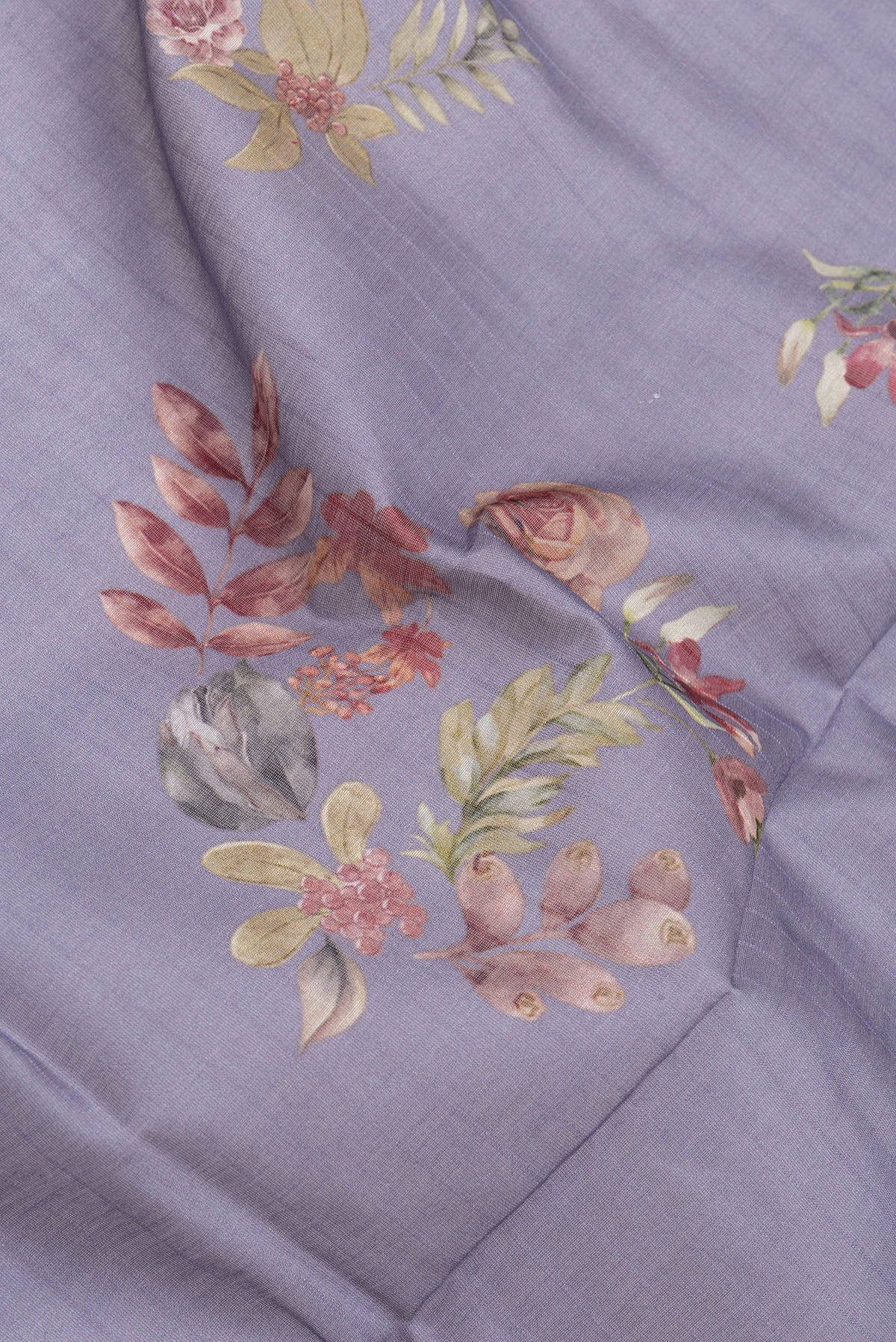 Close up of Grey Dual Tone Chanderi Silk Cotton Saree with Printed design on the body and Zari Border.  displaying folds